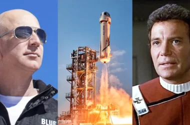 Jeff Bezos CEO di Blue Origin e l'attore William Shatner