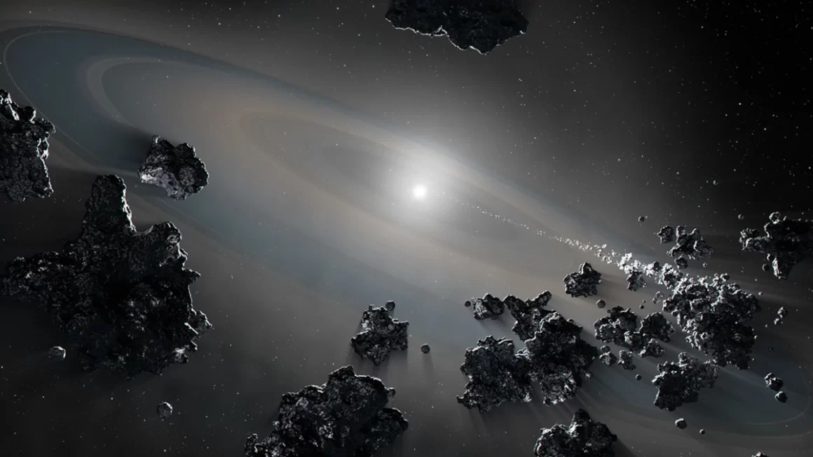 Questa illustrazione mostra una stella nana bianca simile a G238-44 che aspira detriti da oggetti frantumati in un sistema planetario.