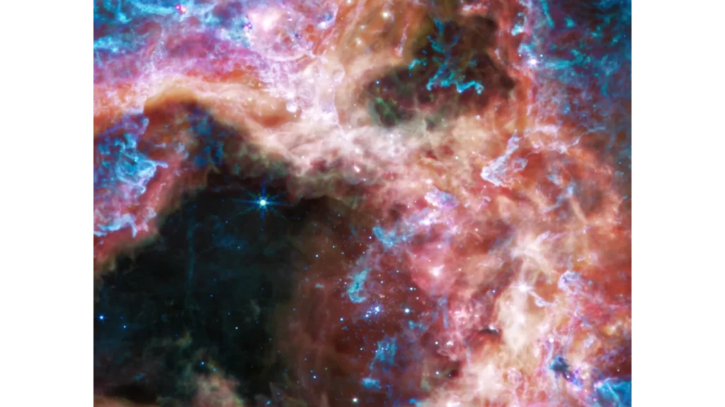 Alle lunghezze catturate dal Mid-Infrared Instrument (MIRI), James Webb si concentra sull'area circostante l'ammasso stellare centrale e svela una visione molto diversa della Nebulosa Tarantola. In questa luce, le giovani stelle calde dell'ammasso svaniscono in brillantezza e gas e polvere incandescenti si fanno avanti. Abbondanti idrocarburi illuminano le superfici delle nubi di polvere, mostrate in blu e viola.