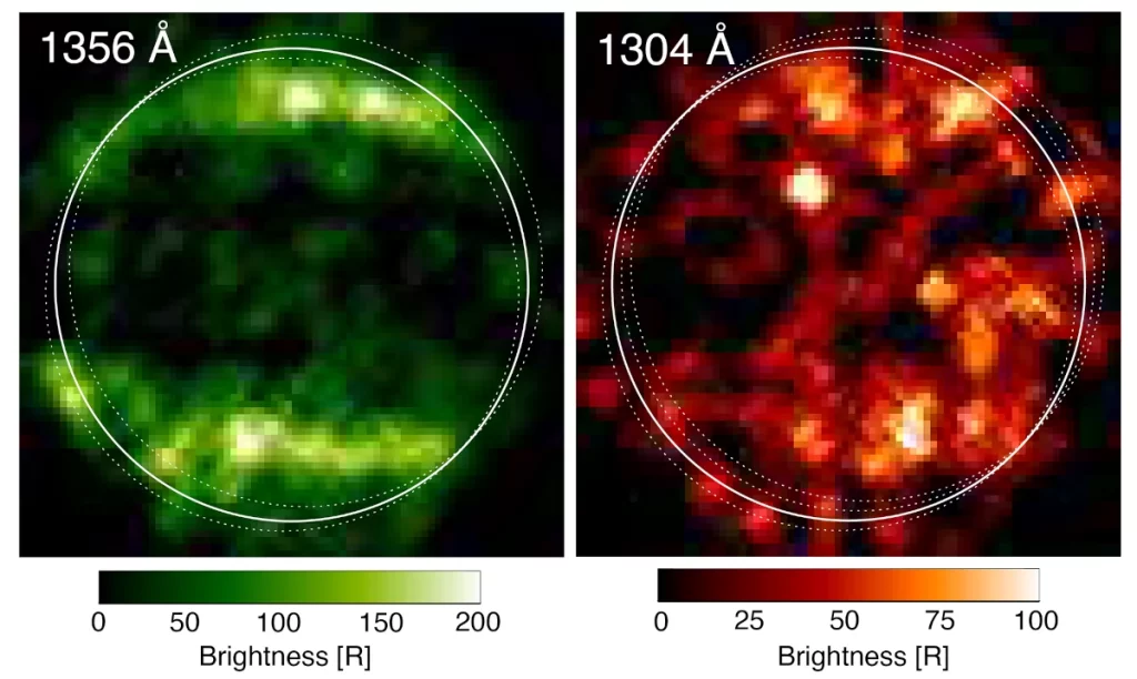 Nel 1998, lo Space Telescope Imaging Spectrograph (Stis) di Hubble ha preso queste prime immagini ultraviolette di Ganimede.
