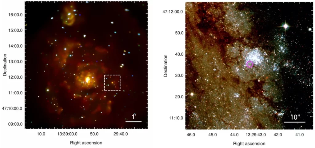 A sinistra, immagine in falsi colori di M51 ripresa ai raggi X dal telescopio spaziale Chandra. M51-ULS-1 è la sorgente più luminosa al centro del riquadro. A destra, il campo contenuto nel riquadro, ripreso da Hubble in luce visibile e nel vicino infrarosso. Il cerchio magenta indica la posizione di M51-ULS-1 