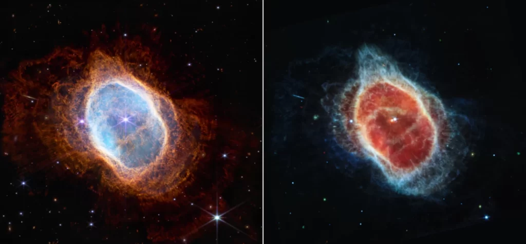 Le due immagini della Nebulosa Anello del Sud, conosciuta anche come Ring Nebula NGC 3132. A sinistra è stata catturata nel vicino infrarosso con NIRcam. A destra è stata catturata dallo strumento MIRI che raccoglie dati nel medio infrarosso. Entrambe le viste si completano per dare maggiori informazioni sulla struttura della nebulosa.