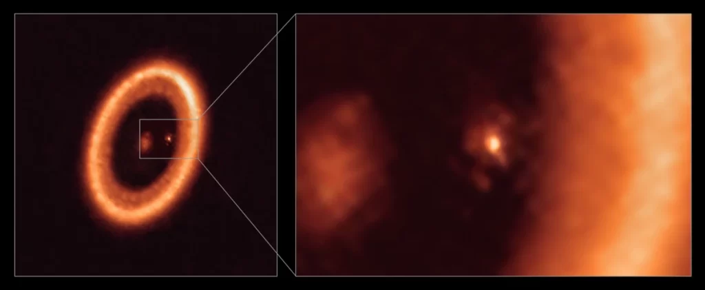 La prima immagine mostra il sistema PDS 70 ed il suo disco circumstellare. Nell'ingrandimento PDS 70c ed il disco circumplanetario. 