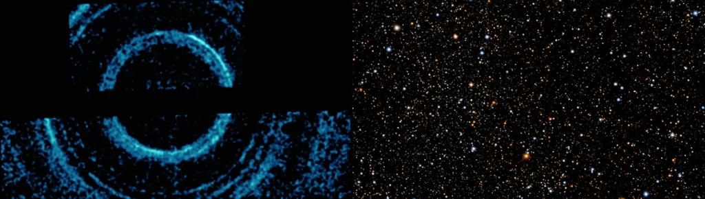 A sinistra le onde a raggi X che attraversano la polvere di V404 Cygni rilevate da X-Ray Chandra. A destra l'immagine ad infrarossi della medesima regione rilevata dal telescopio Pan-STARRS alle Hawaii. 