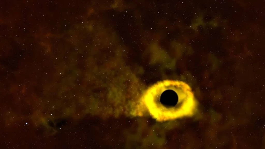 Una simulazione dell'evento di interruzione delle maree TDE che si verifica quando una stella si avvicina troppo vicino a un buco nero. La simulazione mostra il materiale stellare della stella che circonda il titano cosmico prima di cadere sulla sua superficie. 