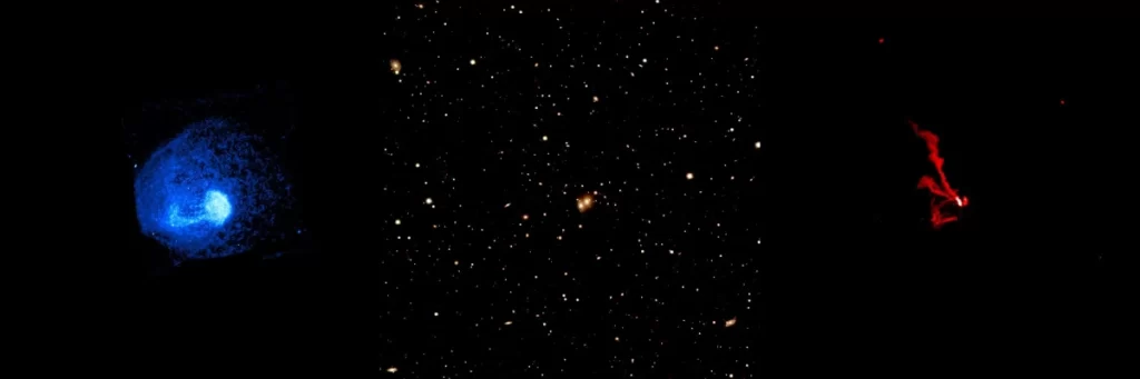 Le tre immagini mostrano il cluster Abell 1775 in tre diverse modalità di rilevazione. Da sinistra raggi X di Chandra, i dati ottici del telescopio Pan-STARRS alle Hawaii e i dati radio del LOw Frequency ARray (LOFAR). 
