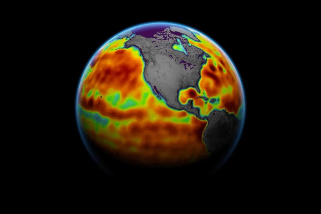 Questa immagine della Terra mostra il livello del mare misurato dal satellite Sentinel-6 nel 2021. Le aree rosse sono regioni in cui il livello del mare è più alto del normale mentre il blu indica dove è al di sotto del normale. Il satellite raccoglie misurazioni per circa il 90% dell'oceano terrestre.