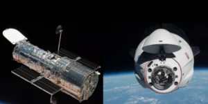 A sinistra il telescopio spaziale Hubble, a destra la navicella di SpaceX Dragon