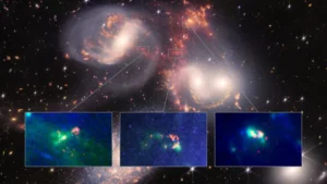 El telescopio James Webb observa una interesante onda de choque generada por la galaxia intrusa NGC 731b en el Quinteto de Stephan.