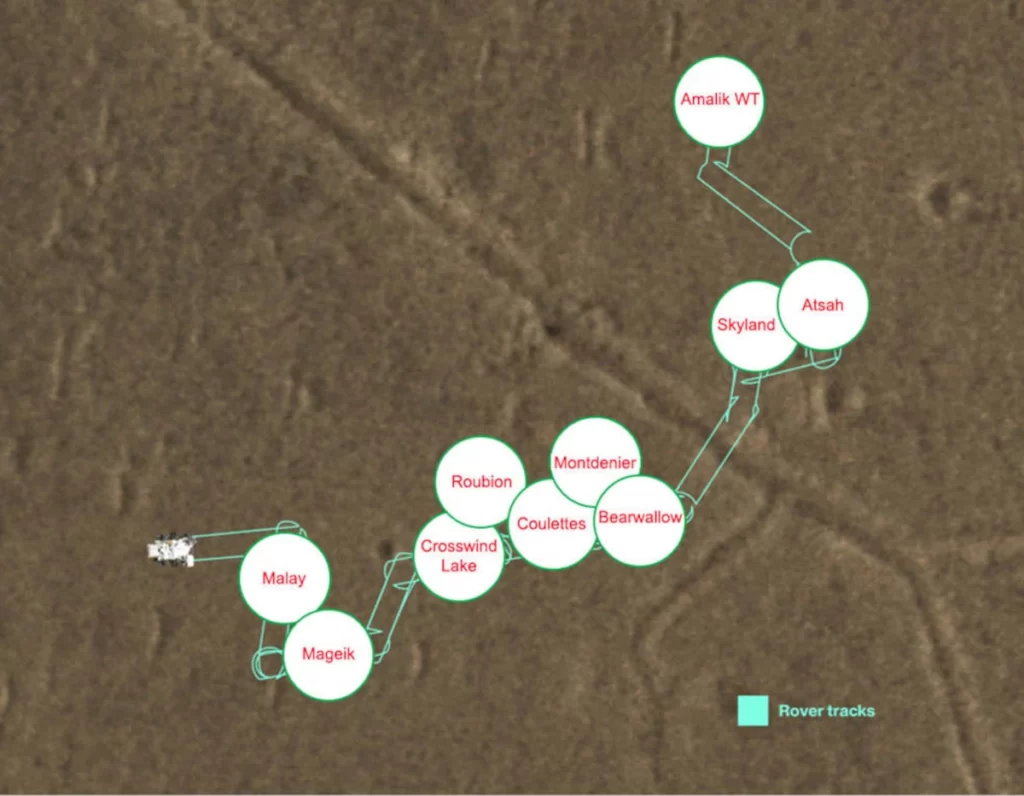 La mappa mostra dove il rover Perseverance Mars della NASA ha lasciato cadere i 10 campioni in modo che una futura missione potesse raccoglierli. 