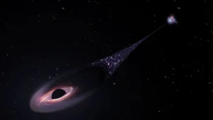 Une équipe de chercheurs a découvert grâce à une image du télescope Hubble un trou noir expulsé d'une galaxie avec une queue d'étoiles