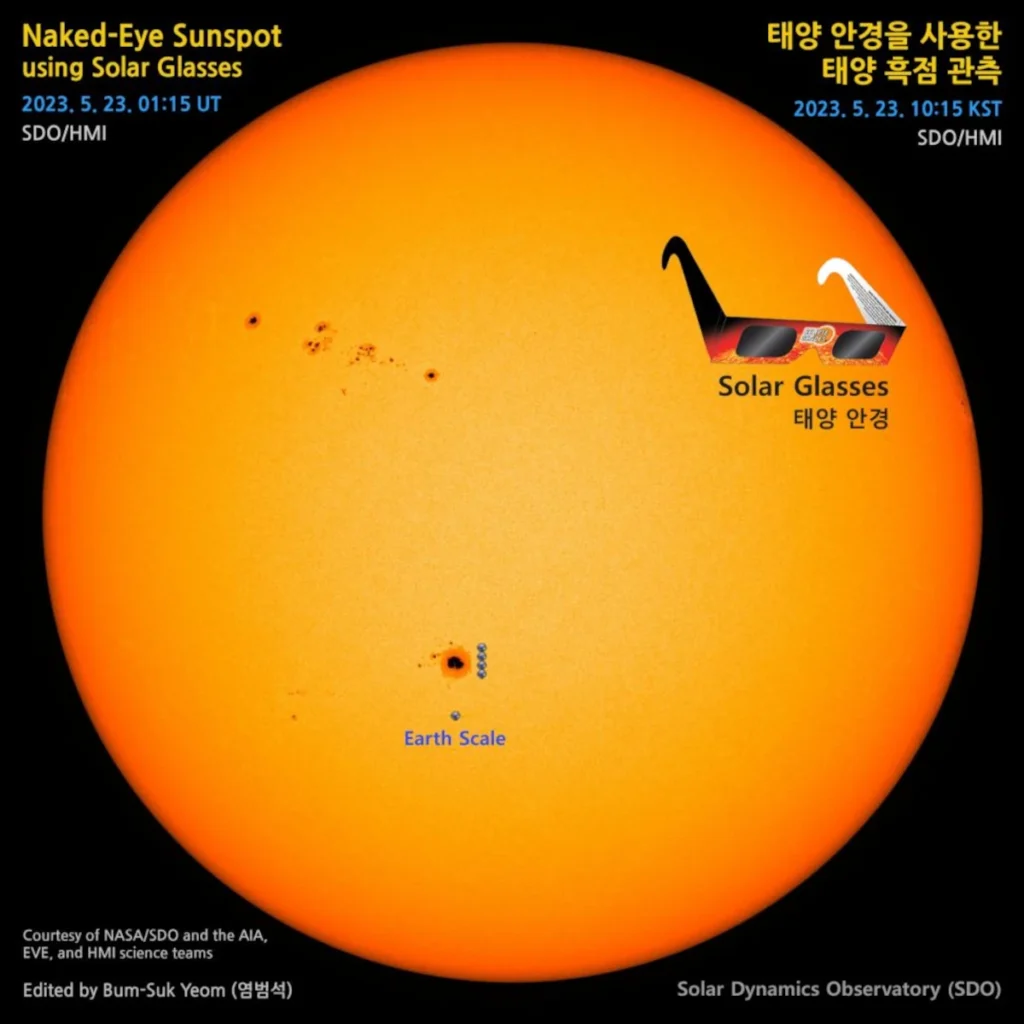 These days, it is possible to observe a huge sunspot even with the naked eye using solar observation glasses.