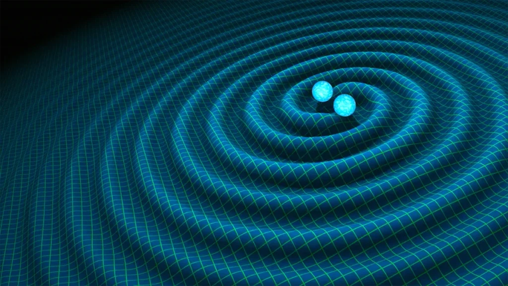 Rappresentazione delle increspature, chiamate onde gravitazionali, che distorcono il tessuto spazio-tempo dell'universo.
