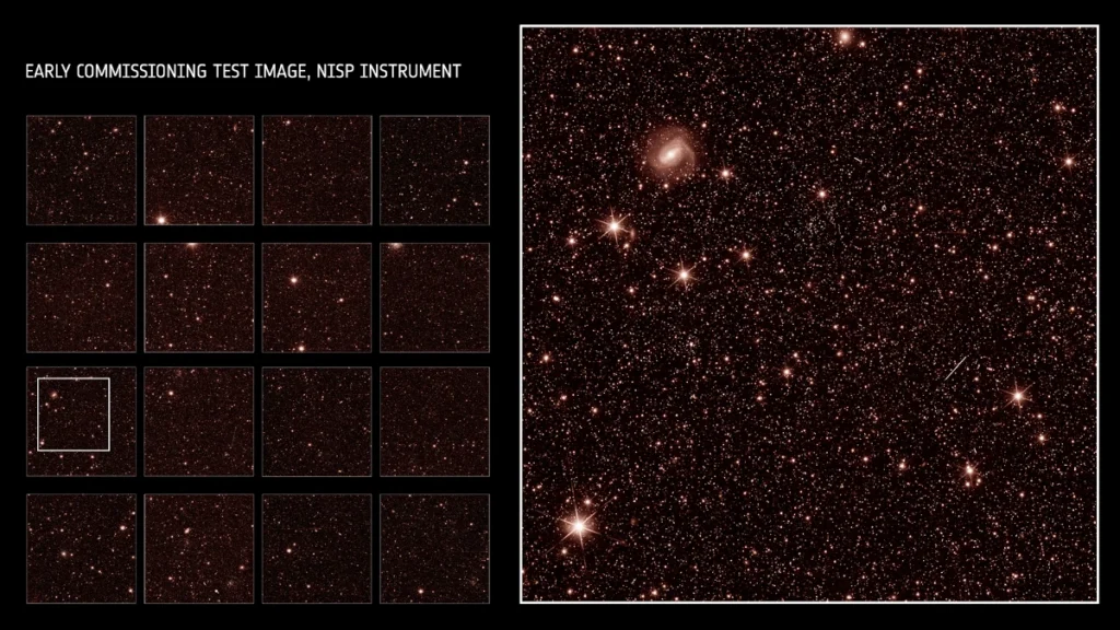 The first images taken by EUCLID's instrument called NISP. On the left, the entire field, on the right, the enlargement. 
