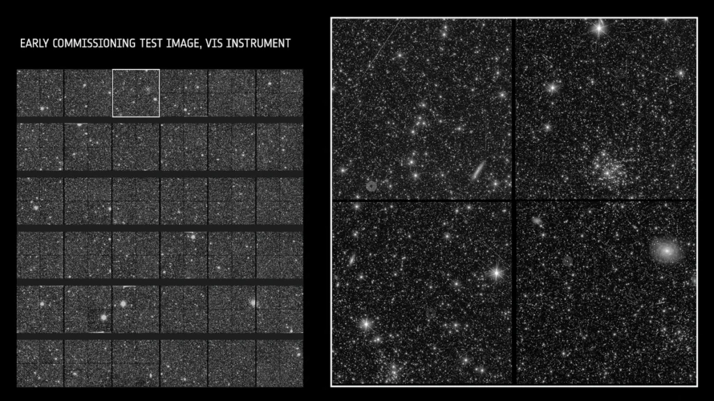 Las primeras imágenes tomadas por el instrumento VIS de EUCLID. A la izquierda, todo el campo, a la derecha, el aumento. 