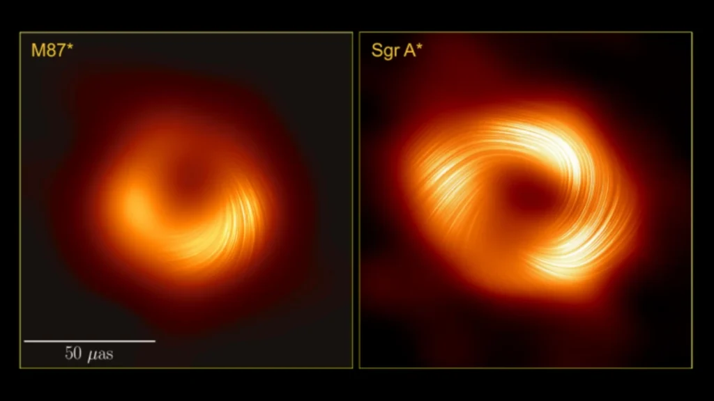 A sinistra il buco nero nel cuore di M87 visto in luce polarizzata. A destra l'immagine di Sagittarius A* in luce polarizzata che mostra somiglianze con il molto più massiccio M87*. Credit: EHT